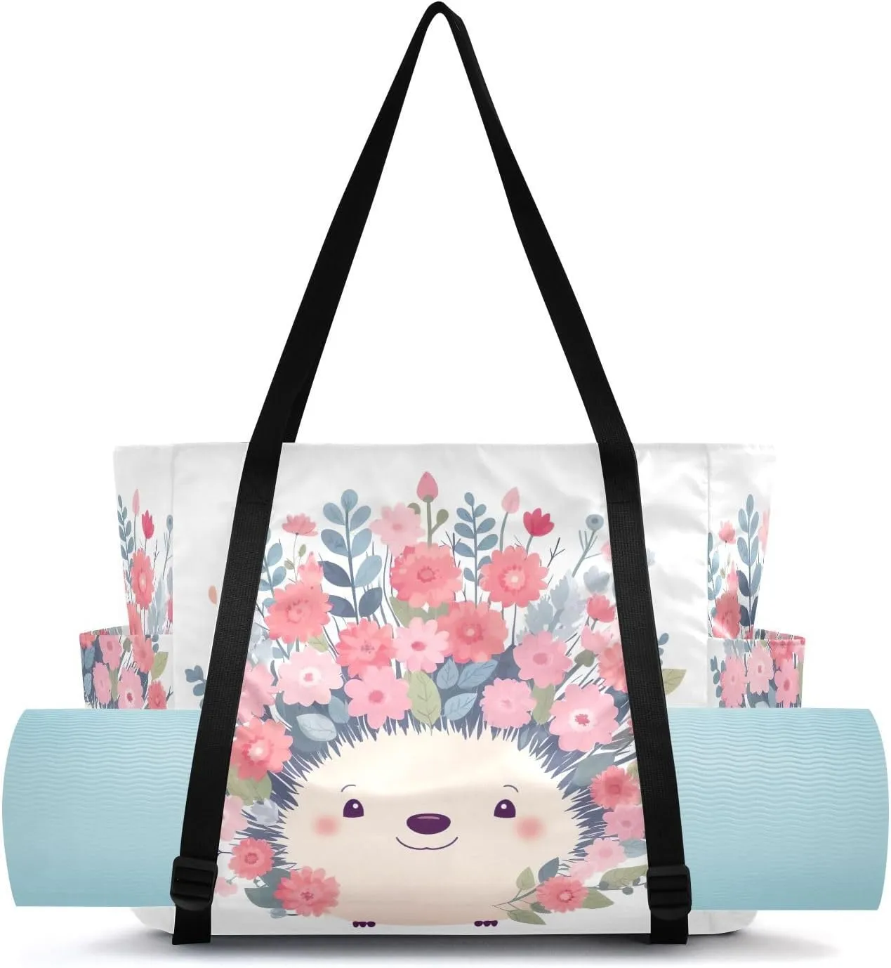 Hedgehog Flowers Yoga Mat Bag Carrier with Wet Dry Storage Pockets Pilates Bag Large Gym Tote Carryall with Water Bottle Holder for Beach Travel Women Men