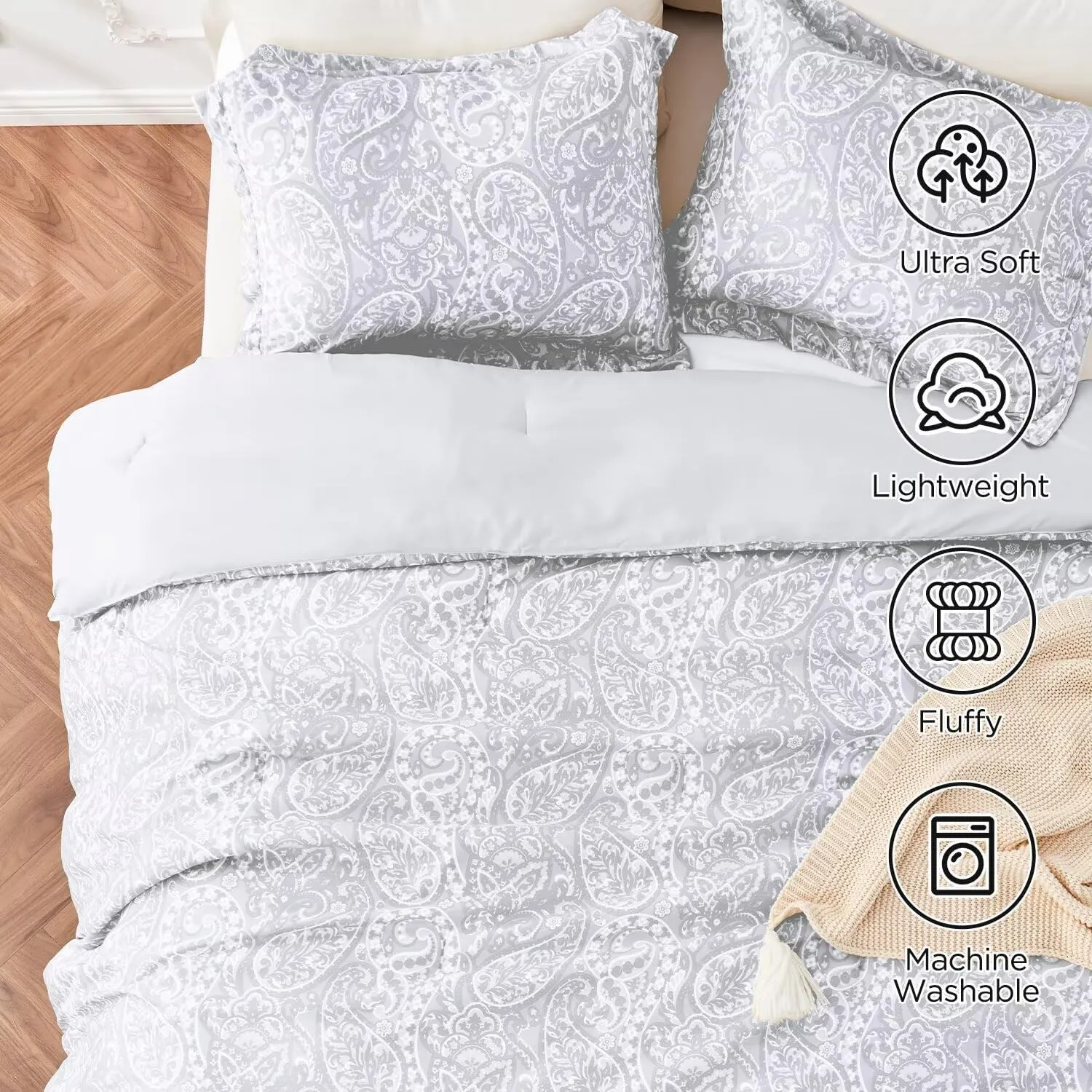 HENGWEITEXT 3 Piece Comforter Set King,Sping Summer Comforter Set,All Season Down Alternative Comforter King Size in a Bag,Deep Pocket Ultra Soft and Fluffy,Light Grey