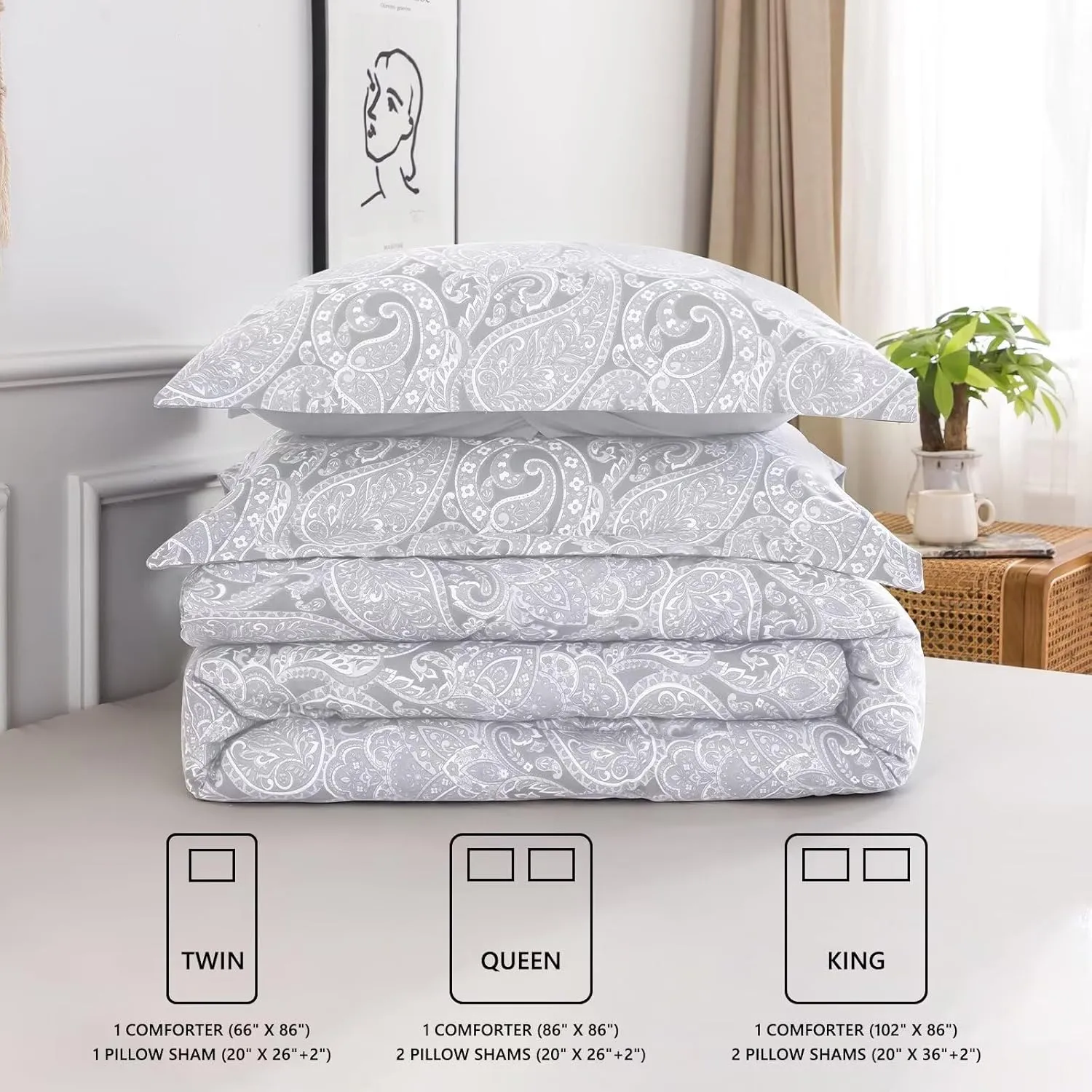 HENGWEITEXT 3 Piece Comforter Set King,Sping Summer Comforter Set,All Season Down Alternative Comforter King Size in a Bag,Deep Pocket Ultra Soft and Fluffy,Light Grey
