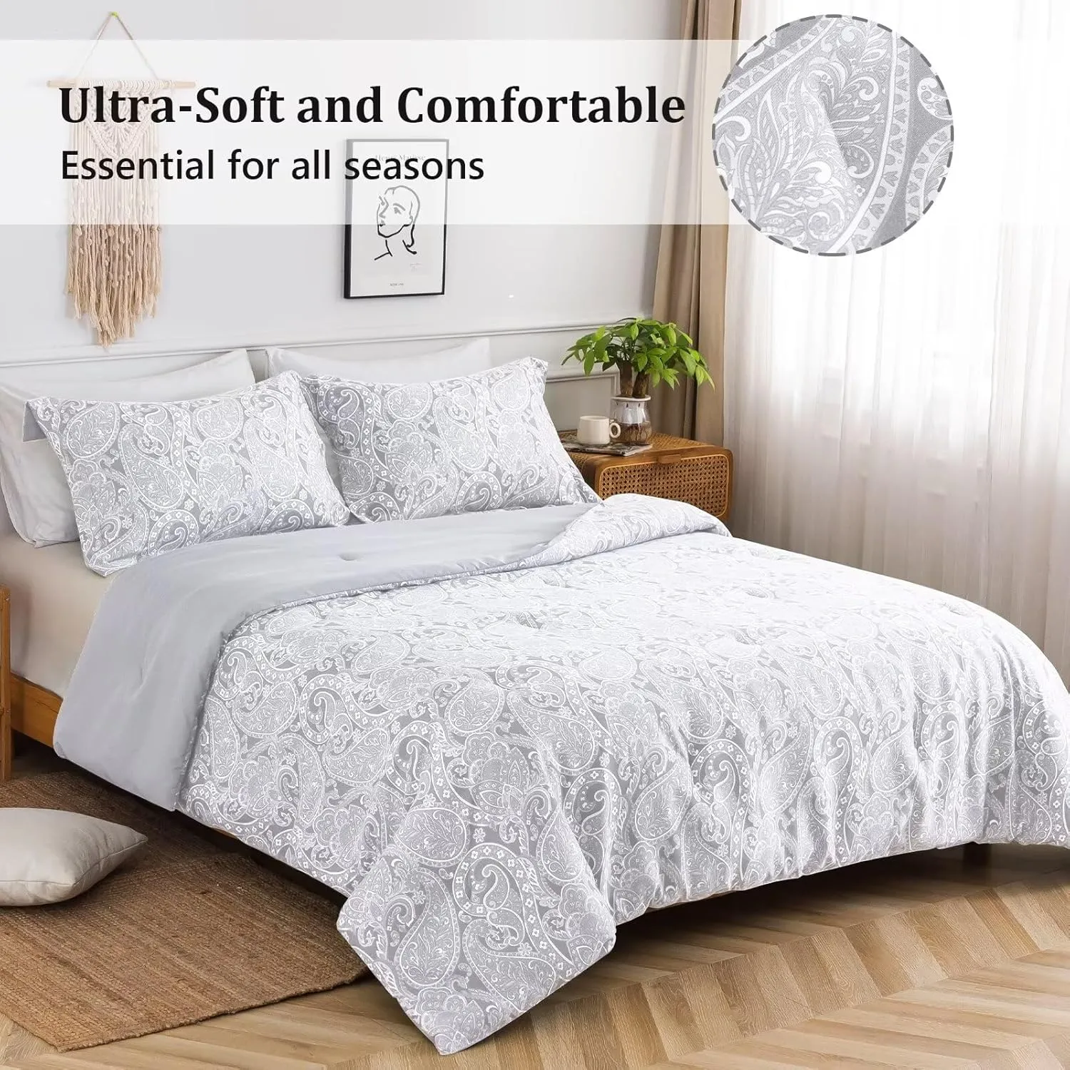 HENGWEITEXT 3 Piece Comforter Set King,Sping Summer Comforter Set,All Season Down Alternative Comforter King Size in a Bag,Deep Pocket Ultra Soft and Fluffy,Light Grey
