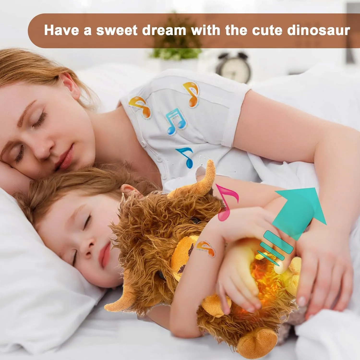 Highland Cow Easter Stuffed Animals, Stuffed Animals with Breathing Action and Lighted Music, Easter Toys Sleeping Plush Adjustable in Four Modes, Easter Gifts for Kids, Adults, Teens