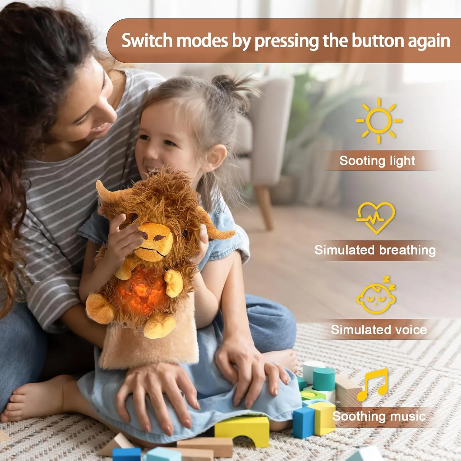 Highland Cow Easter Stuffed Animals, Stuffed Animals with Breathing Action and Lighted Music, Easter Toys Sleeping Plush Adjustable in Four Modes, Easter Gifts for Kids, Adults, Teens