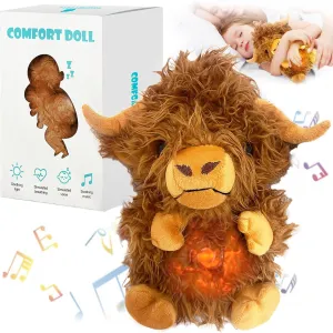 Highland Cow Easter Stuffed Animals, Stuffed Animals with Breathing Action and Lighted Music, Easter Toys Sleeping Plush Adjustable in Four Modes, Easter Gifts for Kids, Adults, Teens