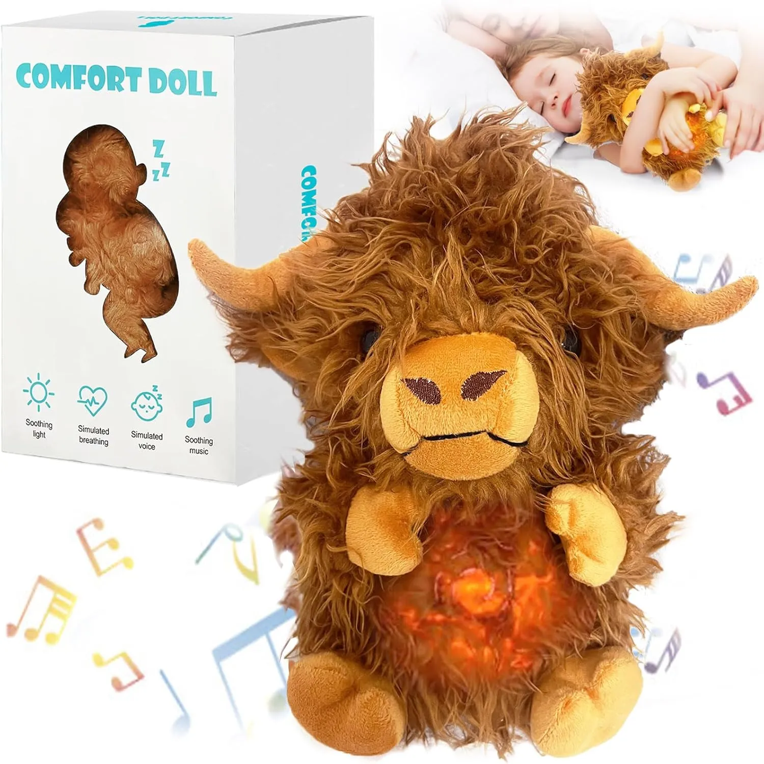 Highland Cow Easter Stuffed Animals, Stuffed Animals with Breathing Action and Lighted Music, Easter Toys Sleeping Plush Adjustable in Four Modes, Easter Gifts for Kids, Adults, Teens