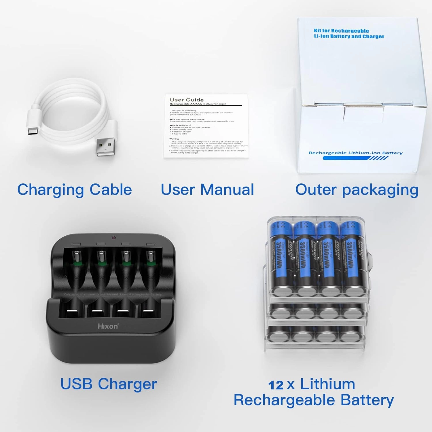 Hixon 1.5V Lithium Batteries AA Rechargeable,12-Pack 3500mWh High-Capacity Long-Lasting Double AA Li-ion Battery with Fast Charger,1600Cycle, Fits for Blink Camera VR/Xbox Gaming Controller.