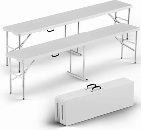 HLPB Folding Bench 6 ft, Foldable Plastic Bench with Handle and Smooth HDPE Tabletop, Protable in/Outdoor Picnic Party Camping Dining Seat, 2 Pack, White