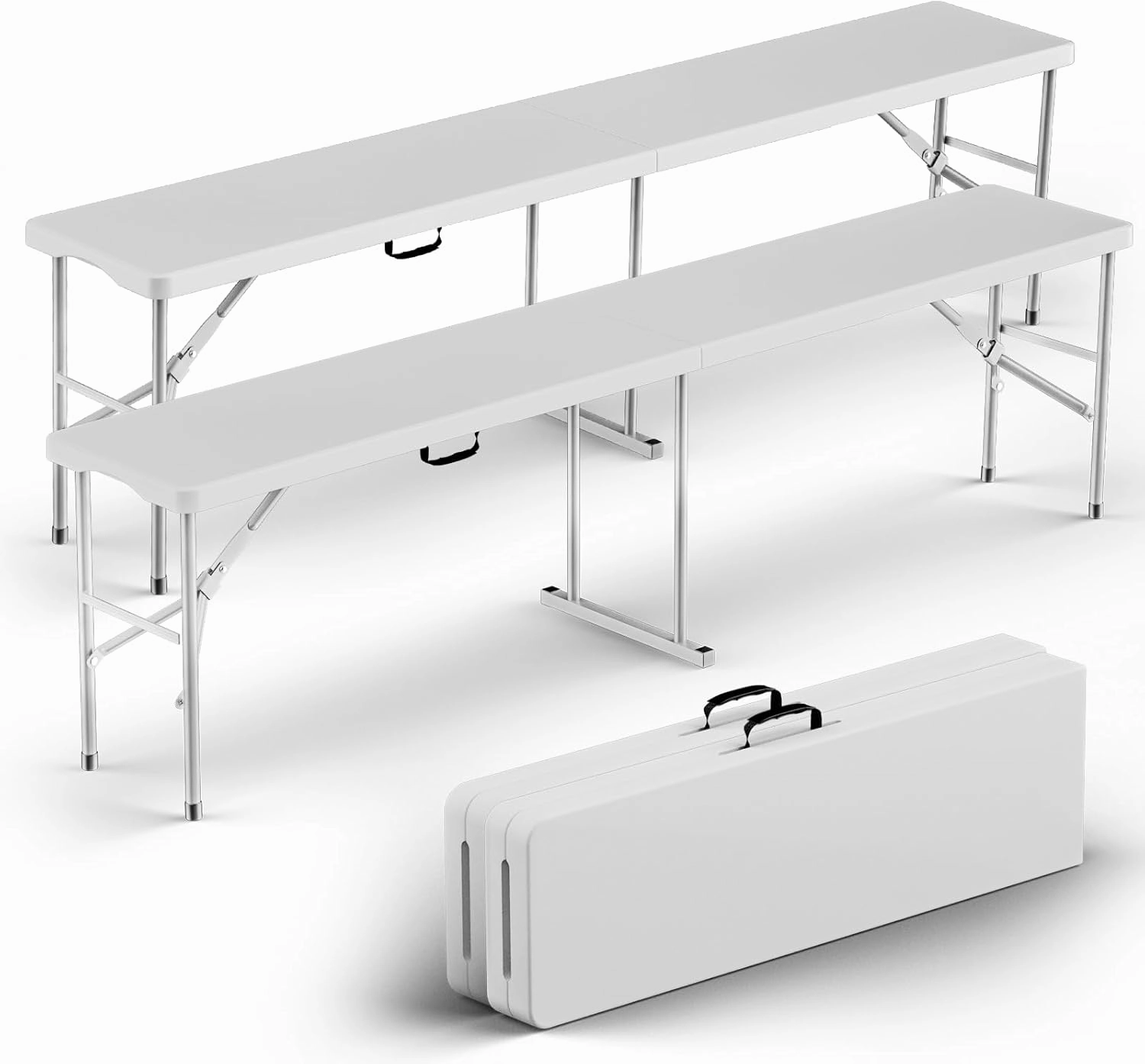 HLPB Folding Bench 6 ft, Foldable Plastic Bench with Handle and Smooth HDPE Tabletop, Protable in/Outdoor Picnic Party Camping Dining Seat, 2 Pack, White
