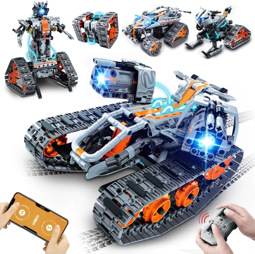 HOGOKIDS 5 in 1 STEM Building Set with LED Light - APP & Remote Controlled Cars Building Toys Kit, RC Robot Tank Sleigh Tracked Racer 604 PCS, Toy Gifts for Kids Boys Girls Ages 6 7 8 9 10 11 12  Year