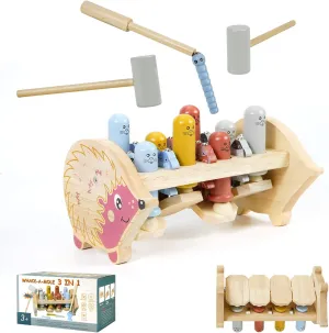 HOLLAPUZZLE Montessori Toys for Toddlers, Wooden Hammering Pounding Toy with Whack a mole Fishing Catching Caterpillars Game, Interactive Toy for Birthday