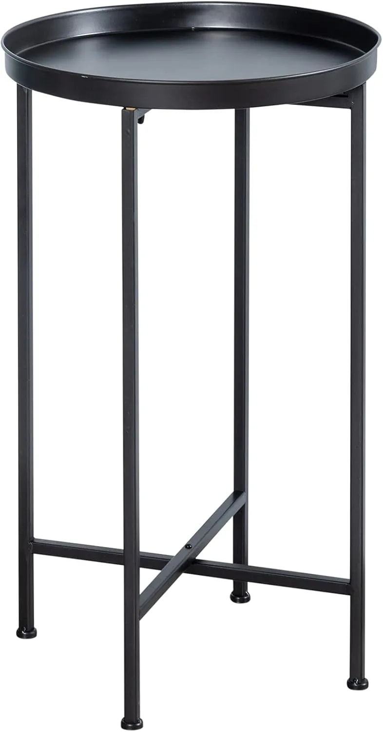 HollyHOME Small Round Metal Waterproof End Table, Accent Indoor&Outdoor Coffee Side Table, Snack Sofa Table for Living Room, Anti-Rust Decorative Plant Stand, (D) 14.5" x (H) 25", Black