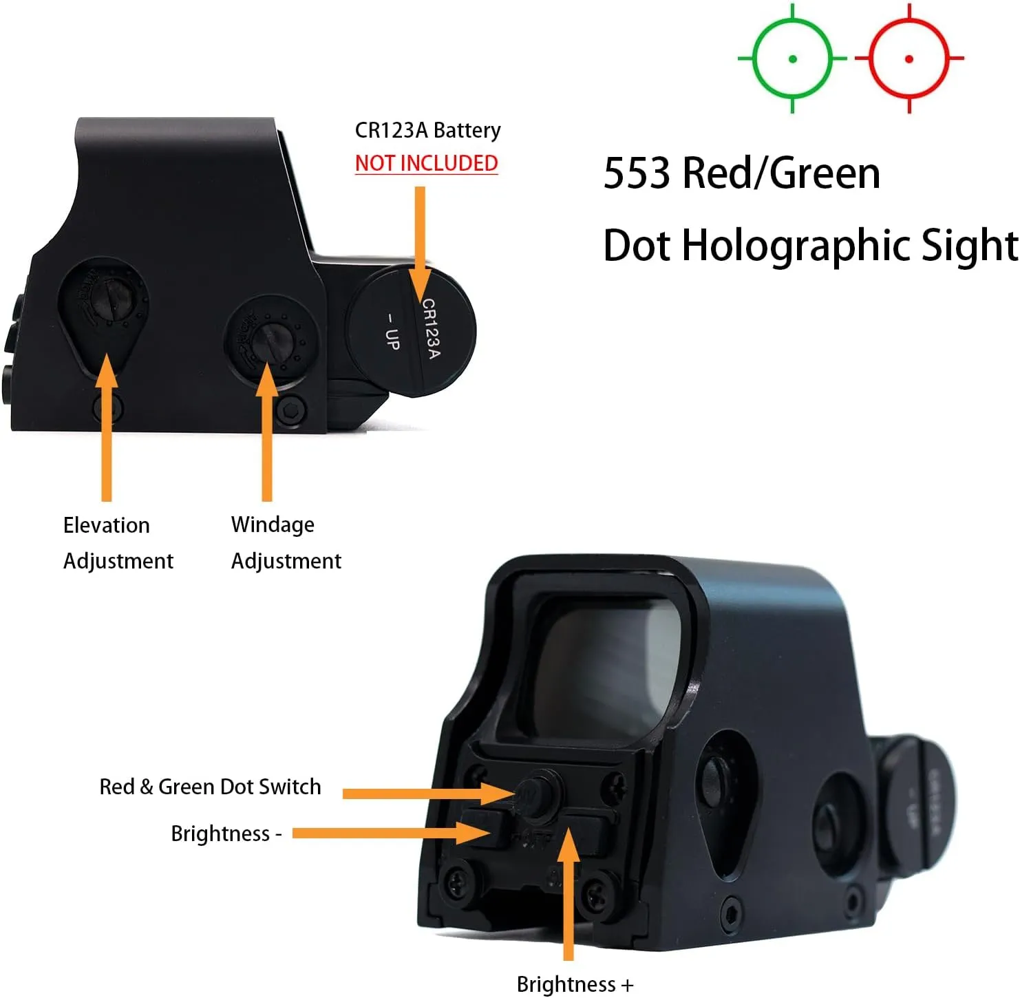 Holographic Sight 551 552 553 556 558 Red Green Dot Holo Sight Metal Scope 10 Levels Brightness Adjustment Holographic Sight