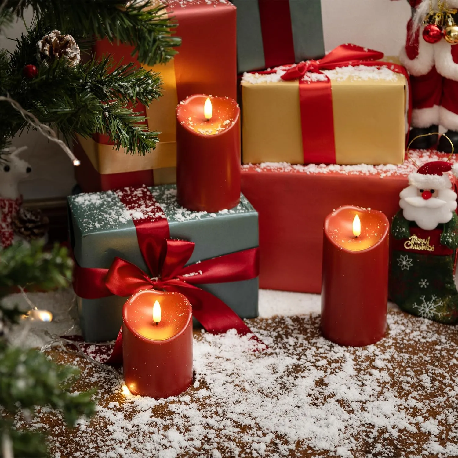 Homemory Burgundy Flameless Candles, Waterproof Flickering Flameless Candles, Outdoor Battery Operated LED Pillar Candles with Remote Timer, Electric Fake Plastic Candles, D3 x H4 5" 6", Red, 3 Pack