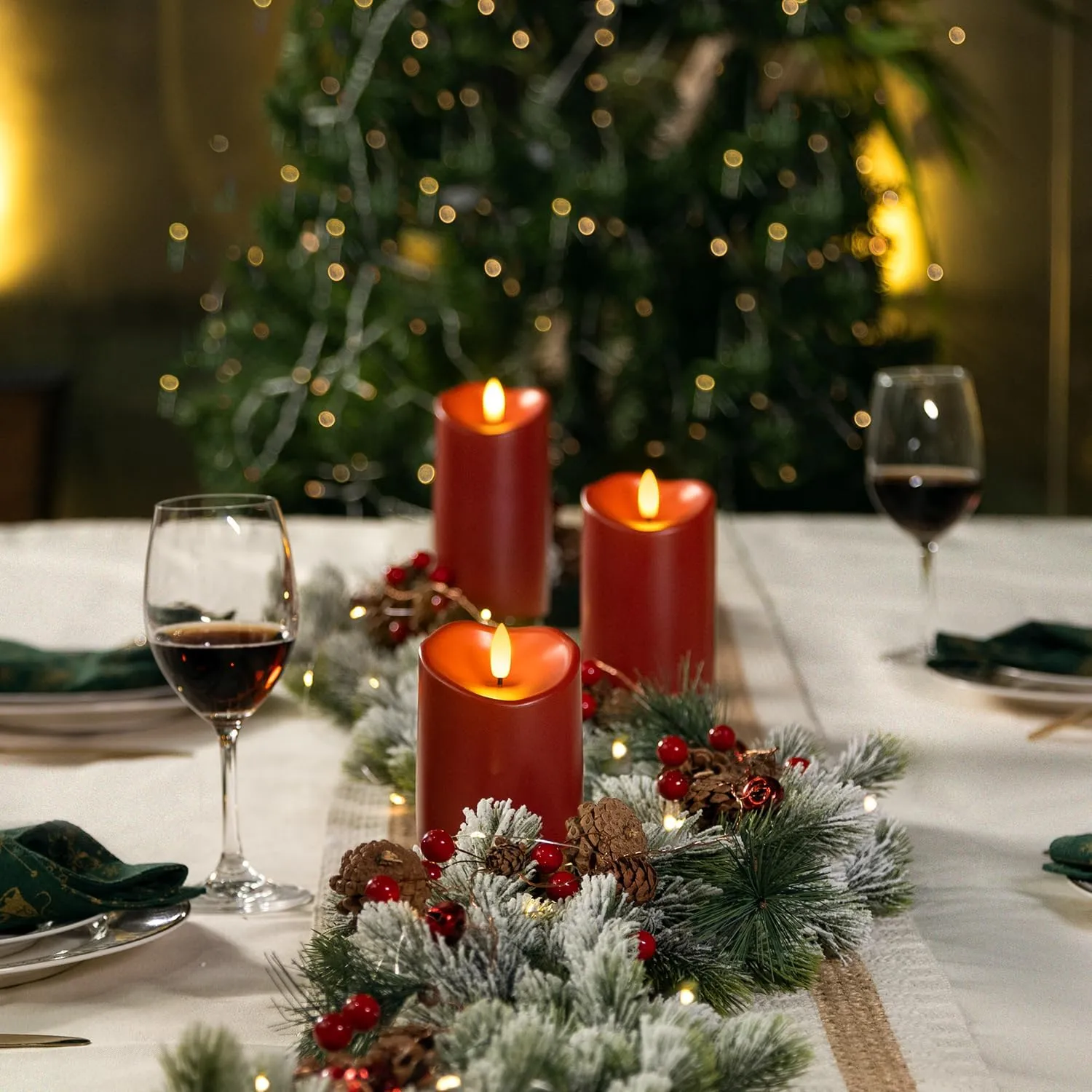 Homemory Burgundy Flameless Candles, Waterproof Flickering Flameless Candles, Outdoor Battery Operated LED Pillar Candles with Remote Timer, Electric Fake Plastic Candles, D3 x H4 5" 6", Red, 3 Pack