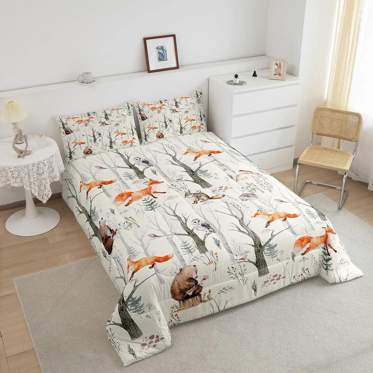 Homewish Kids Cute Animals Comforter Set Twin Size Cartoon Bear Fox and Rabbit Bedding Set 2Pcs for Girls Boys Adult Room Decor Foggy Tree Jungle Plants Quilt Set Hunt Adventure Duvet Insert,Beige