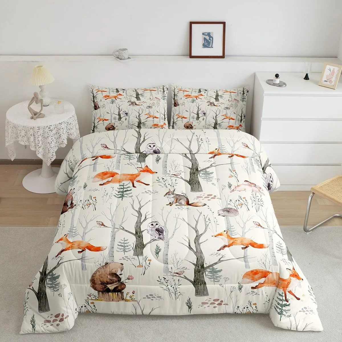Homewish Kids Cute Animals Comforter Set Twin Size Cartoon Bear Fox and Rabbit Bedding Set 2Pcs for Girls Boys Adult Room Decor Foggy Tree Jungle Plants Quilt Set Hunt Adventure Duvet Insert,Beige