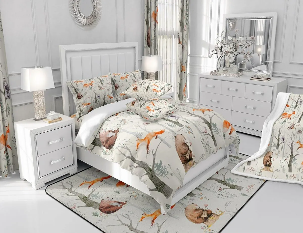 Homewish Kids Cute Animals Comforter Set Twin Size Cartoon Bear Fox and Rabbit Bedding Set 2Pcs for Girls Boys Adult Room Decor Foggy Tree Jungle Plants Quilt Set Hunt Adventure Duvet Insert,Beige
