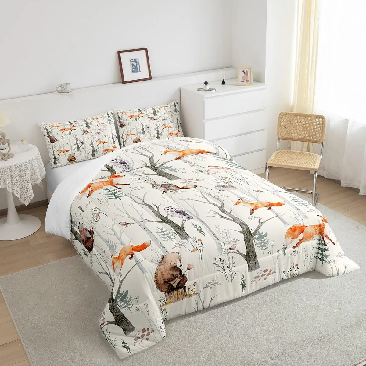 Homewish Kids Cute Animals Comforter Set Twin Size Cartoon Bear Fox and Rabbit Bedding Set 2Pcs for Girls Boys Adult Room Decor Foggy Tree Jungle Plants Quilt Set Hunt Adventure Duvet Insert,Beige