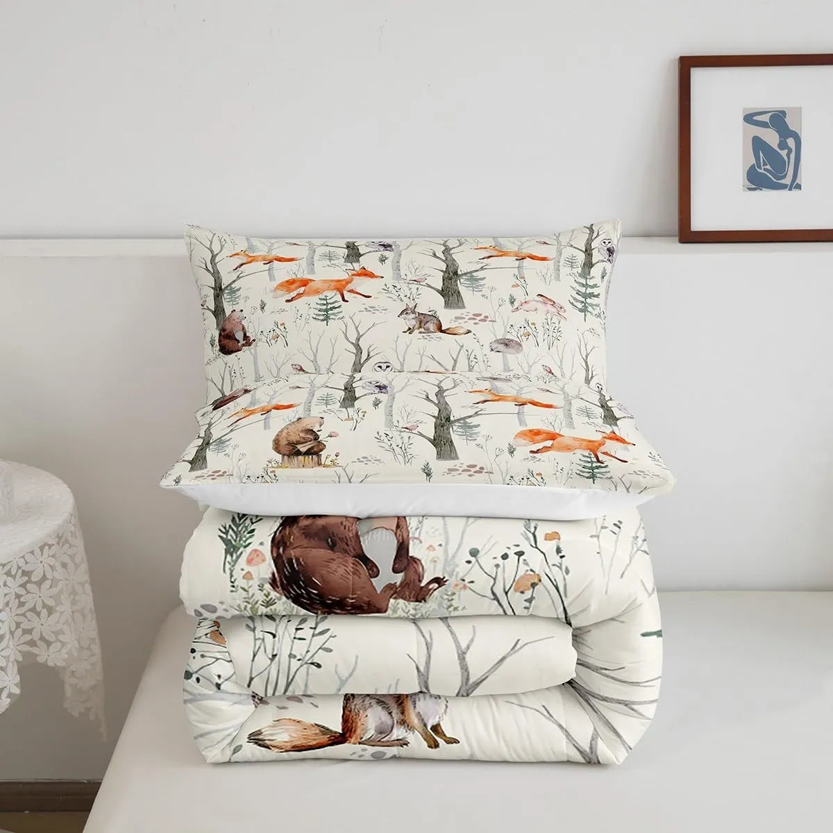 Homewish Kids Cute Animals Comforter Set Twin Size Cartoon Bear Fox and Rabbit Bedding Set 2Pcs for Girls Boys Adult Room Decor Foggy Tree Jungle Plants Quilt Set Hunt Adventure Duvet Insert,Beige