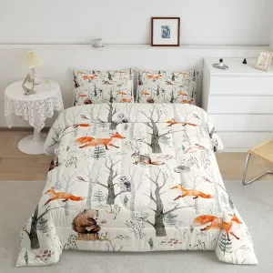 Homewish Kids Cute Animals Comforter Set Twin Size Cartoon Bear Fox and Rabbit Bedding Set 2Pcs for Girls Boys Adult Room Decor Foggy Tree Jungle Plants Quilt Set Hunt Adventure Duvet Insert,Beige