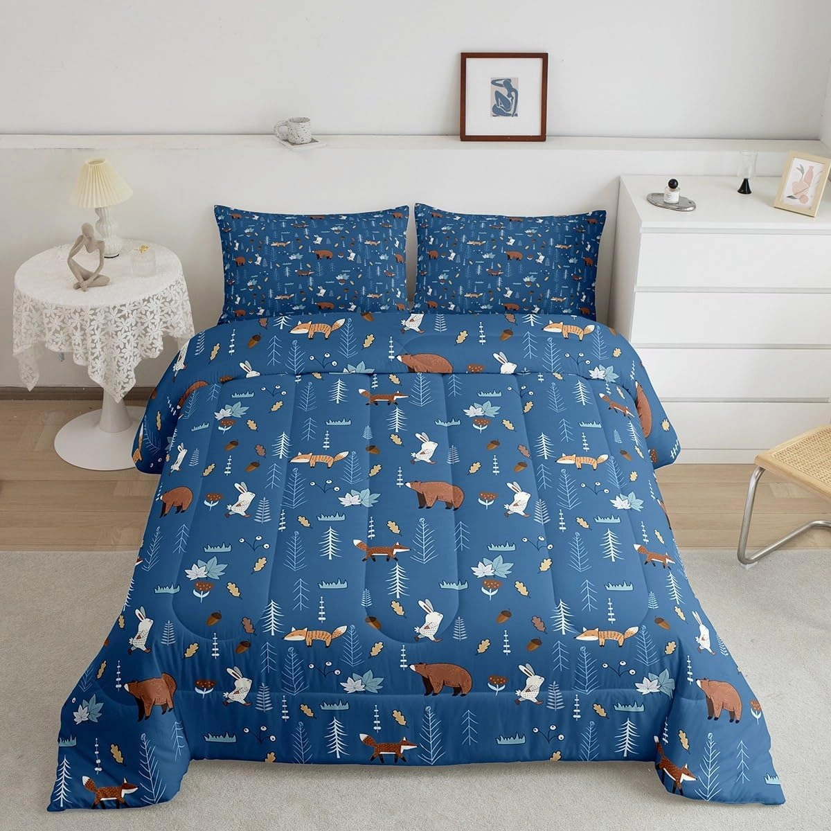 Homewish Bear Comforter Set Twin Size,Navy Cartoon Animals Bedding Set Kids Cute Fox Rabbit Quilt Set 2Pcs for Girls Boys Bedroom Decor,Pine Tree Jungle Adventure Style Duvet Insert,1 Pillowcase
