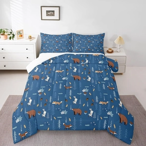 Homewish Bear Comforter Set Twin Size,Navy Cartoon Animals Bedding Set Kids Cute Fox Rabbit Quilt Set 2Pcs for Girls Boys Bedroom Decor,Pine Tree Jungle Adventure Style Duvet Insert,1 Pillowcase