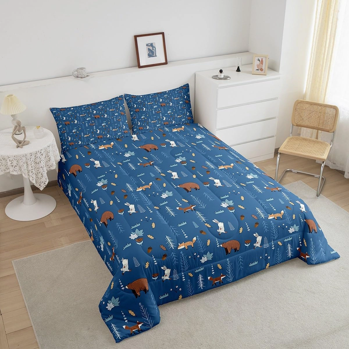 Homewish Bear Comforter Set Twin Size,Navy Cartoon Animals Bedding Set Kids Cute Fox Rabbit Quilt Set 2Pcs for Girls Boys Bedroom Decor,Pine Tree Jungle Adventure Style Duvet Insert,1 Pillowcase