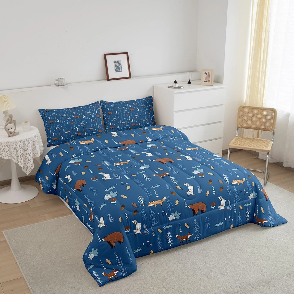 Homewish Bear Comforter Set Twin Size,Navy Cartoon Animals Bedding Set Kids Cute Fox Rabbit Quilt Set 2Pcs for Girls Boys Bedroom Decor,Pine Tree Jungle Adventure Style Duvet Insert,1 Pillowcase