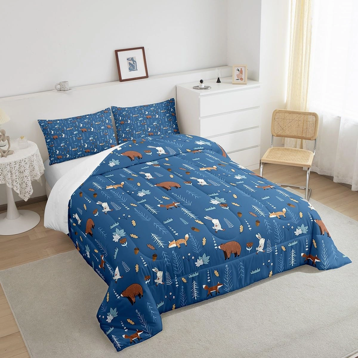 Homewish Bear Comforter Set Twin Size,Navy Cartoon Animals Bedding Set Kids Cute Fox Rabbit Quilt Set 2Pcs for Girls Boys Bedroom Decor,Pine Tree Jungle Adventure Style Duvet Insert,1 Pillowcase