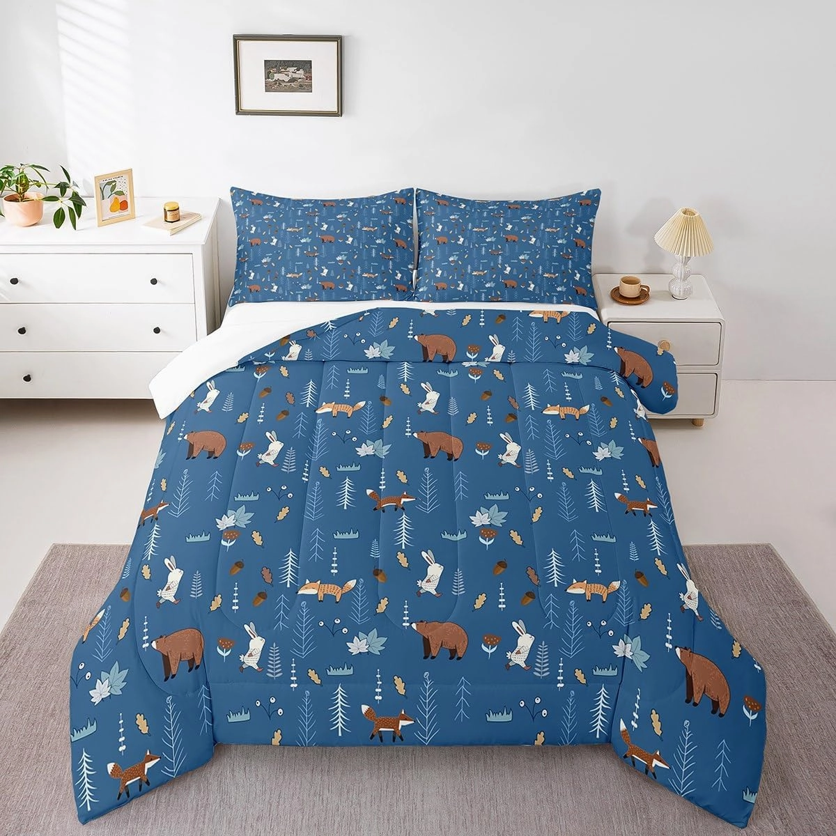 Homewish Bear Comforter Set Twin Size,Navy Cartoon Animals Bedding Set Kids Cute Fox Rabbit Quilt Set 2Pcs for Girls Boys Bedroom Decor,Pine Tree Jungle Adventure Style Duvet Insert,1 Pillowcase