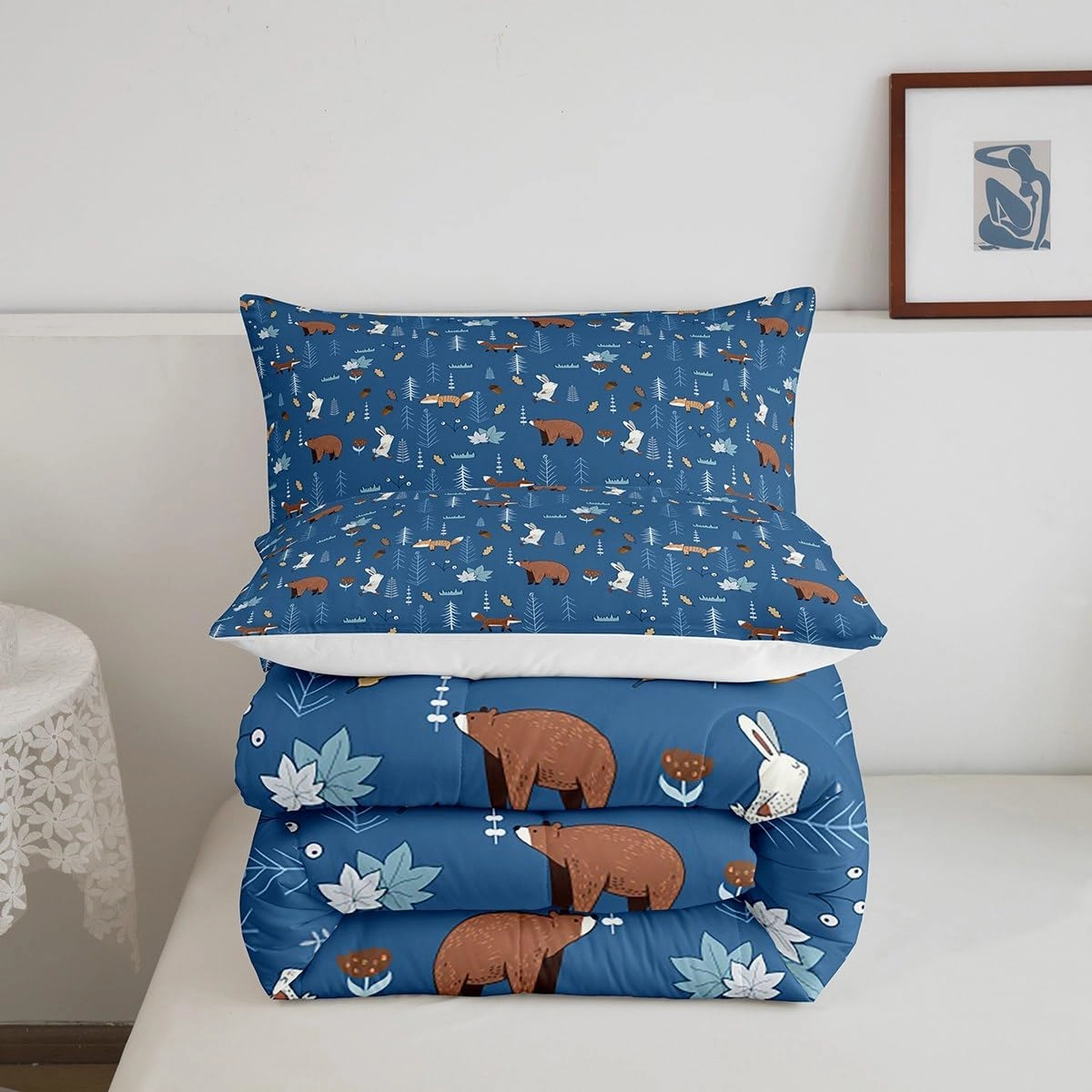 Homewish Bear Comforter Set Twin Size,Navy Cartoon Animals Bedding Set Kids Cute Fox Rabbit Quilt Set 2Pcs for Girls Boys Bedroom Decor,Pine Tree Jungle Adventure Style Duvet Insert,1 Pillowcase