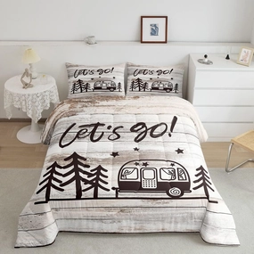 Homewish Camper Theme Full Size Comforter Set Happy Camping Bedding Set for Kids Adults Teens Beige Wooden Comforter Luxury Vintage Wood Farmhouse Quilt Set Room Decor 3Pcs