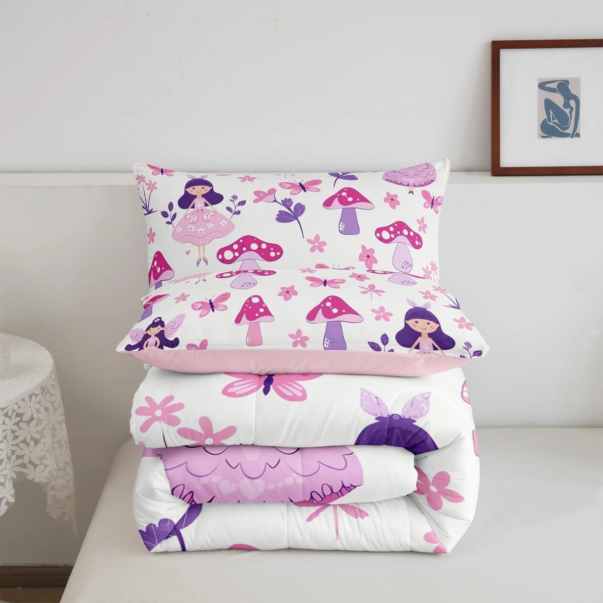 Homewish Cute Girl Kids Comforter Set King Size,Pink Floral Princess Style Reversible Quilted Duvet with 2 Pillowcases Purple Mushroom Butterflies Comforter for Boys Teens Bedroom