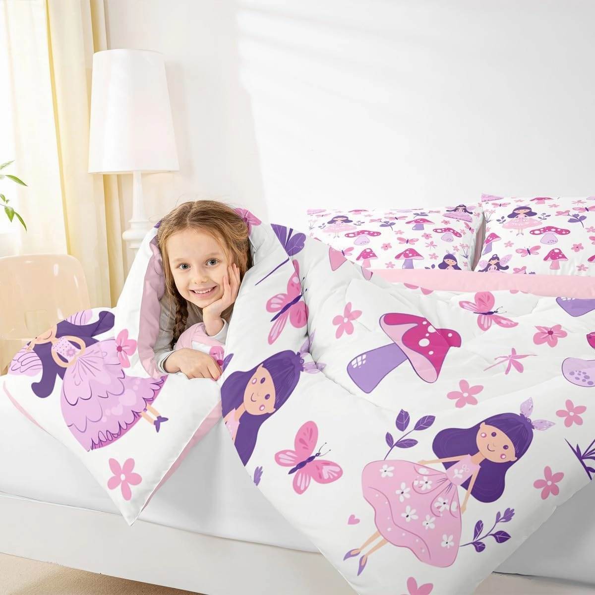 Homewish Cute Girl Kids Comforter Set King Size,Pink Floral Princess Style Reversible Quilted Duvet with 2 Pillowcases Purple Mushroom Butterflies Comforter for Boys Teens Bedroom