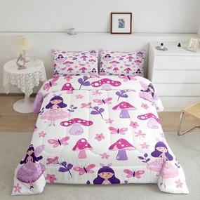 Homewish Cute Girl Kids Comforter Set King Size,Pink Floral Princess Style Reversible Quilted Duvet with 2 Pillowcases Purple Mushroom Butterflies Comforter for Boys Teens Bedroom