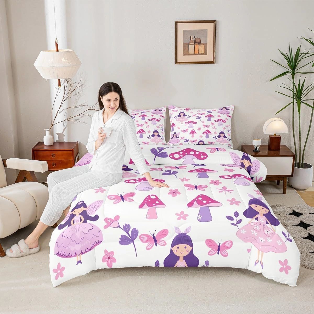 Homewish Cute Girl Kids Comforter Set King Size,Pink Floral Princess Style Reversible Quilted Duvet with 2 Pillowcases Purple Mushroom Butterflies Comforter for Boys Teens Bedroom