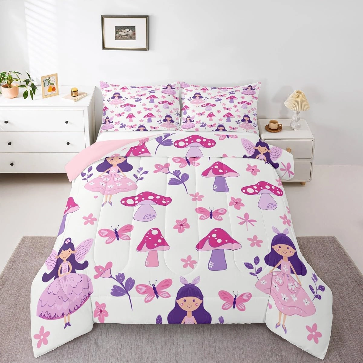 Homewish Cute Girl Kids Comforter Set King Size,Pink Floral Princess Style Reversible Quilted Duvet with 2 Pillowcases Purple Mushroom Butterflies Comforter for Boys Teens Bedroom