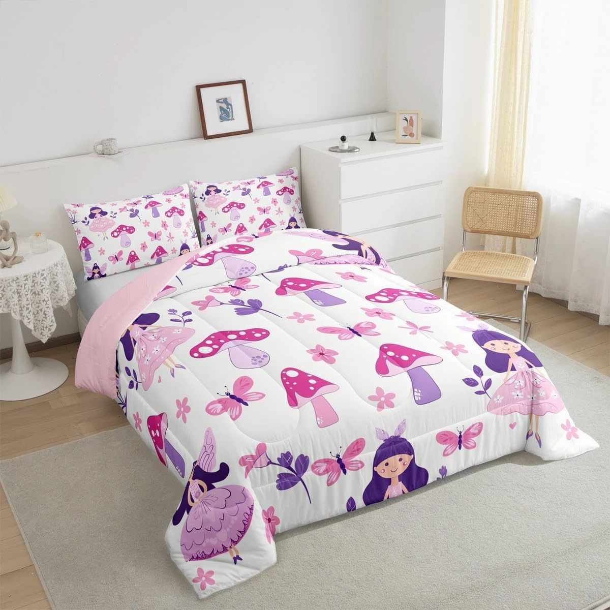 Homewish Cute Girl Kids Comforter Set King Size,Pink Floral Princess Style Reversible Quilted Duvet with 2 Pillowcases Purple Mushroom Butterflies Comforter for Boys Teens Bedroom