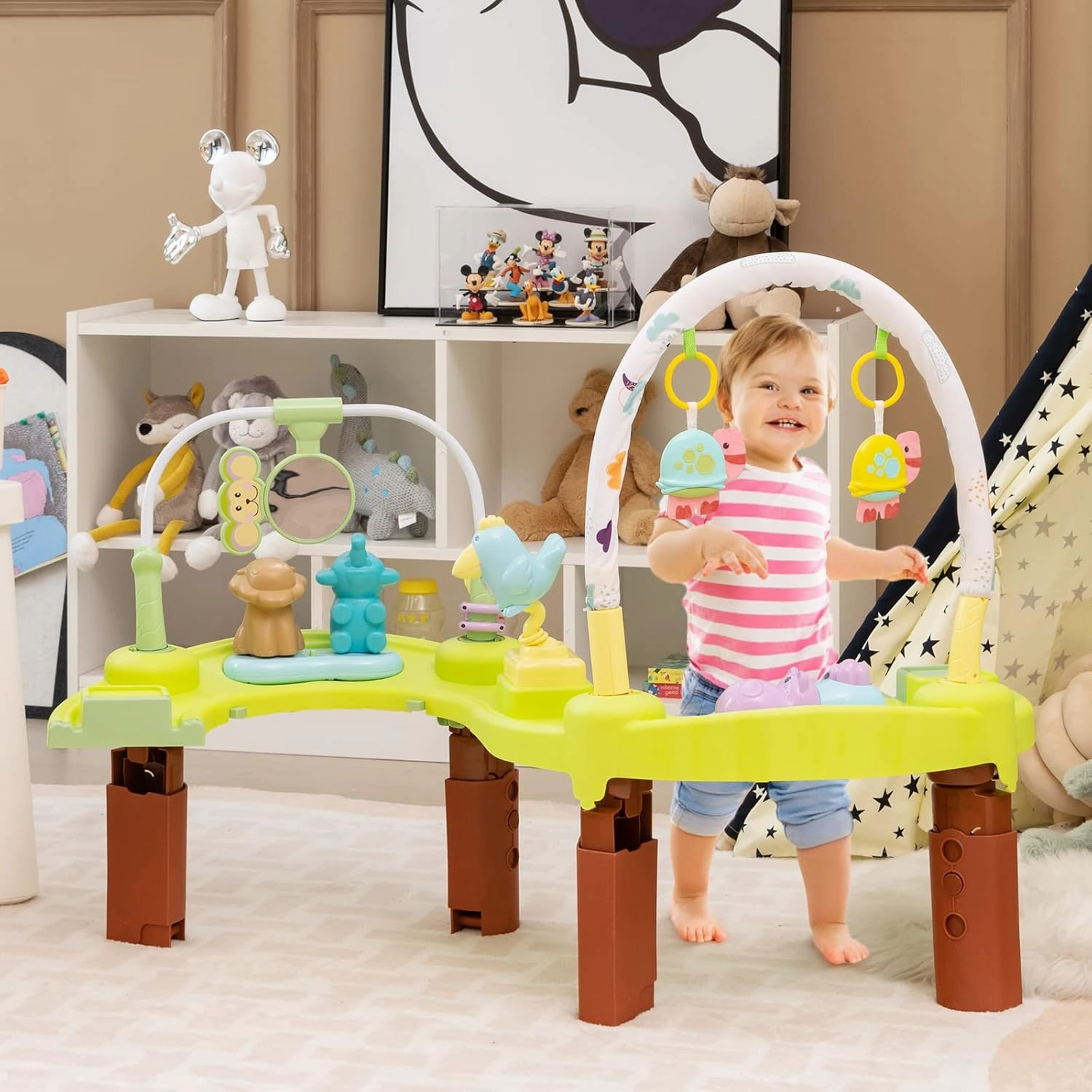 HOMGX Baby Bouncer Activity Center, 3 in 1 Baby Jumper Center & Infant Playtime Mat & Activity Table w/Baby Toys, 3 Adjustable Heights & 360° Rotatable Seat, Activity Center for Toddlers (Green)