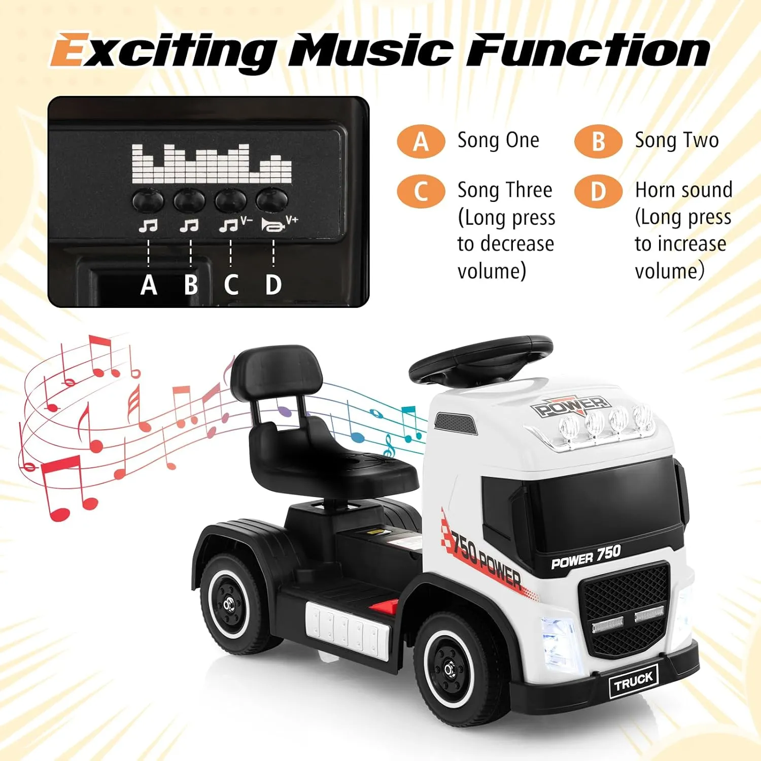 HONEY JOY Electric Ride on Push Car, 6V Foot-to-Floor Push Cars for Toddlers, Lights, Music, Adjustable Height, Battery Powered Ride On Truck for Kids, Gift for Toddlers Boys Girls, White