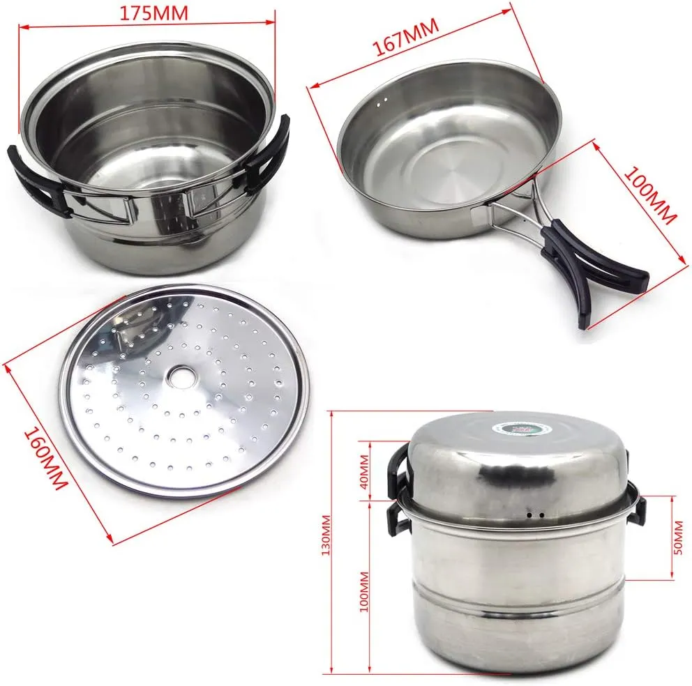 HongK- 3PCS Outdoor Camping Cookware Stainless Steel Cooking Picnic Bowl Pot Pan Set