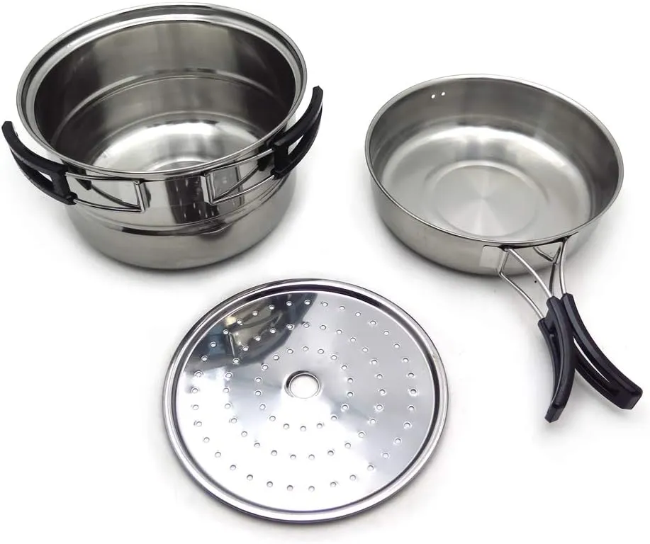 HongK- 3PCS Outdoor Camping Cookware Stainless Steel Cooking Picnic Bowl Pot Pan Set