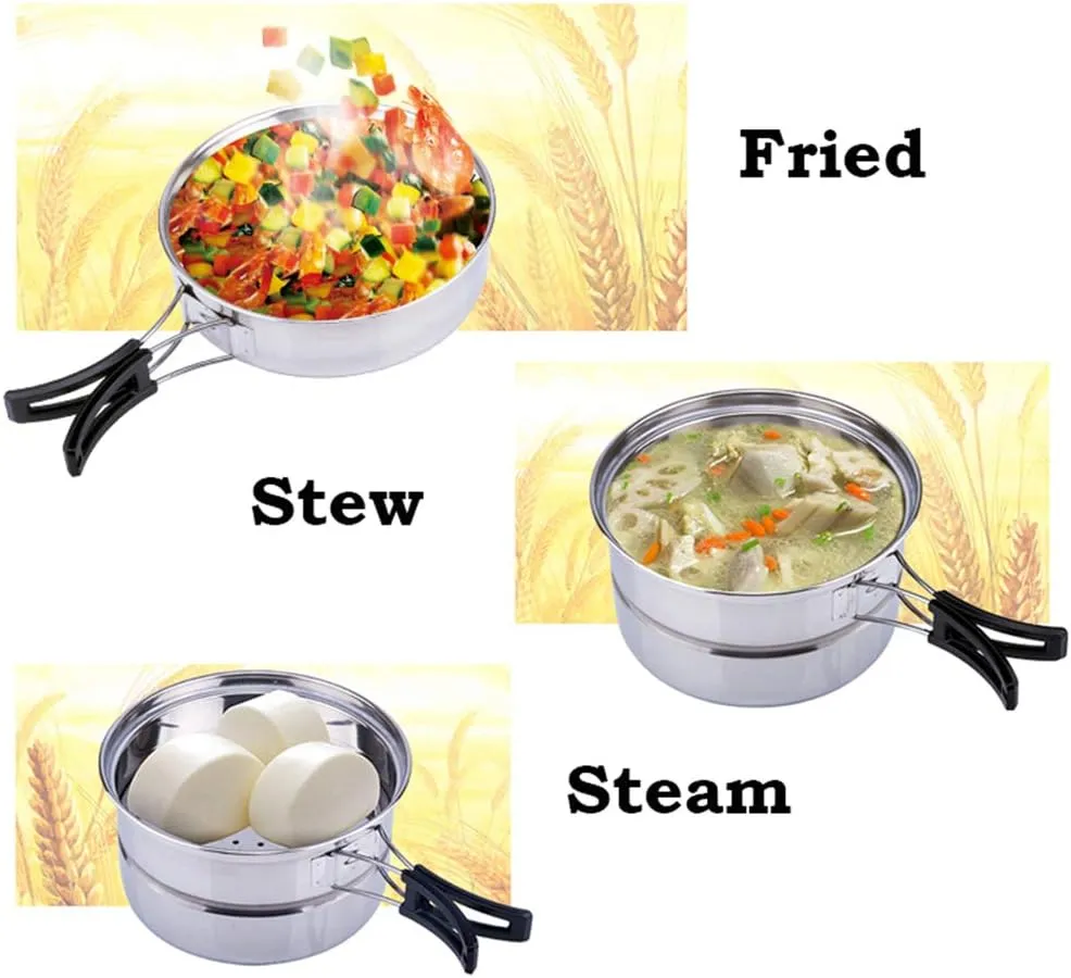 HongK- 3PCS Outdoor Camping Cookware Stainless Steel Cooking Picnic Bowl Pot Pan Set