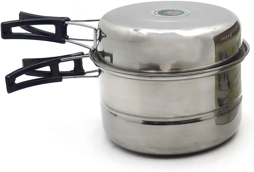 HongK- 3PCS Outdoor Camping Cookware Stainless Steel Cooking Picnic Bowl Pot Pan Set