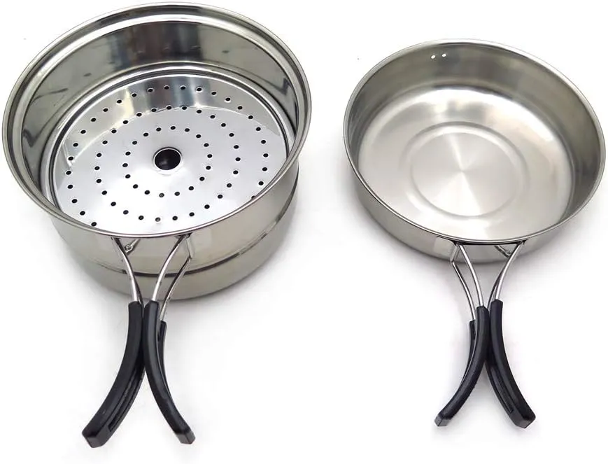 HongK- 3PCS Outdoor Camping Cookware Stainless Steel Cooking Picnic Bowl Pot Pan Set