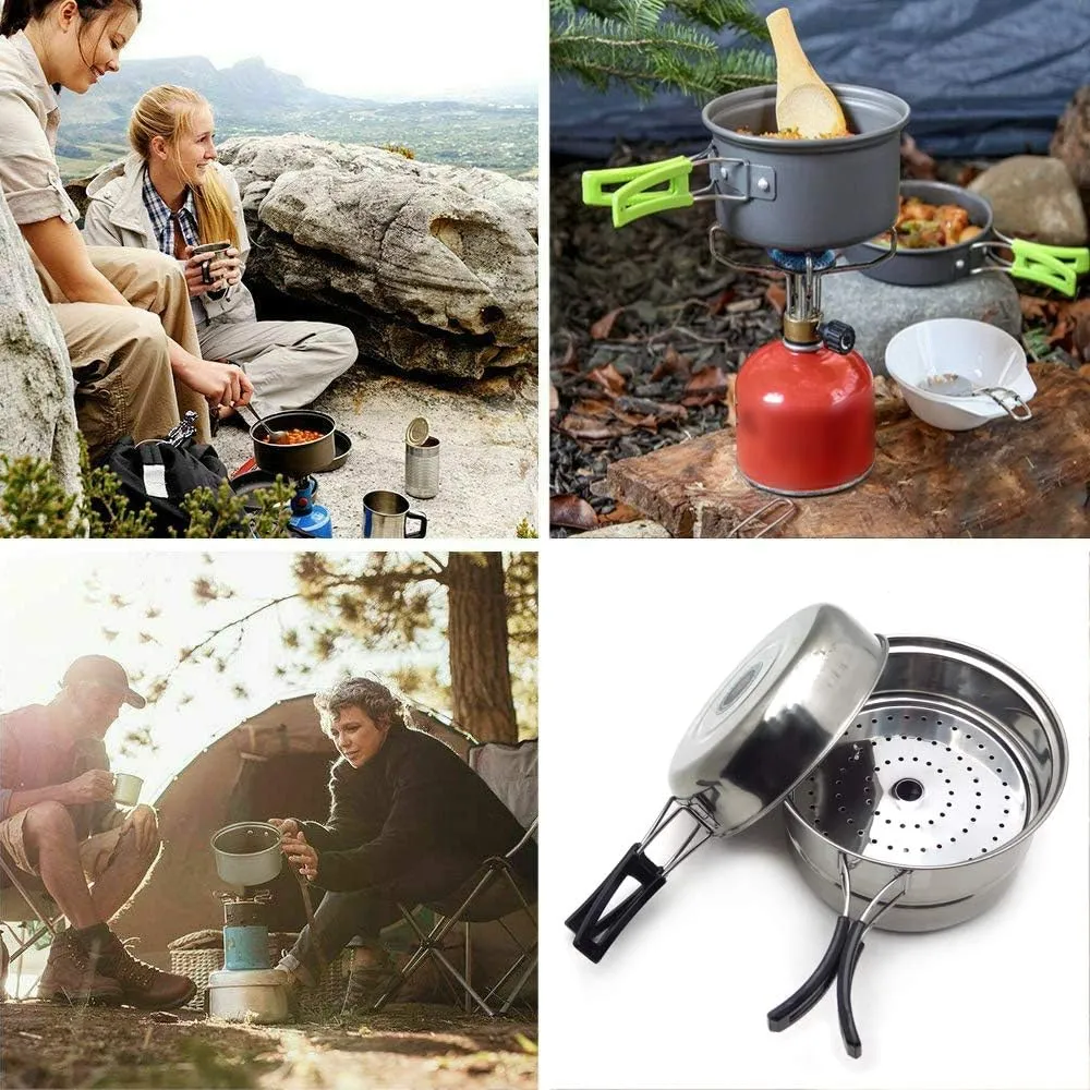 HongK- 3PCS Outdoor Camping Cookware Stainless Steel Cooking Picnic Bowl Pot Pan Set