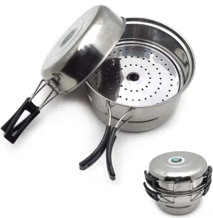 HongK- 3PCS Outdoor Camping Cookware Stainless Steel Cooking Picnic Bowl Pot Pan Set