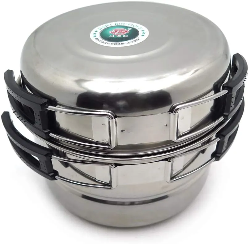 HongK- 3PCS Outdoor Camping Cookware Stainless Steel Cooking Picnic Bowl Pot Pan Set