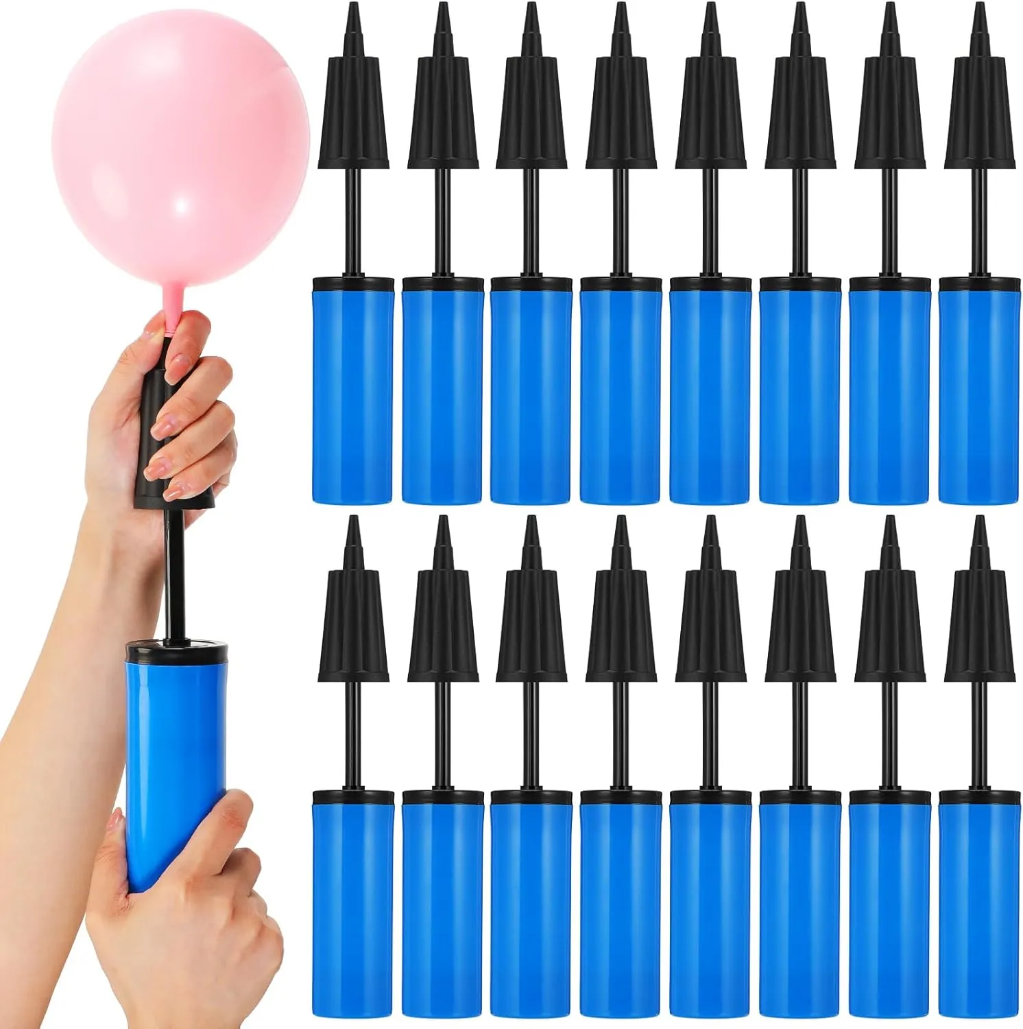 Honoson 16 Pcs 9 Inch Portable Hand Balloon Pump Hand Air Pump for Balloons, 2 Way Dual Action Manual Balloon Inflator for Birthday Party Decoration Exercise Ball Yoga Balls Pool Floats, Blue