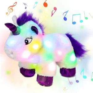 Hopearl LED Musical Stuffed Unicorn Lighting Up Singing Plush Toy Adjustable Volume Lullaby Animated Soothe Birthday Gifts for Kids Toddler Girls, White, 15''