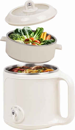 Hot Pot Electric with Steamer：2.0 L Ramen Cooker, Multifunctional Stainless Steel Electric Pot for Cooking, Portable Electric Pot, Electric Cooker with Dual Power Adjustment for Dorm, Office,Travel